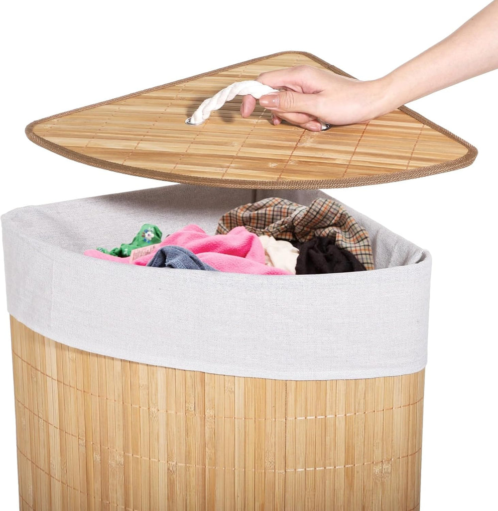Corner Laundry Hamper with Lid, Foldable Triangle Clothes Hamper, Natural Woo...