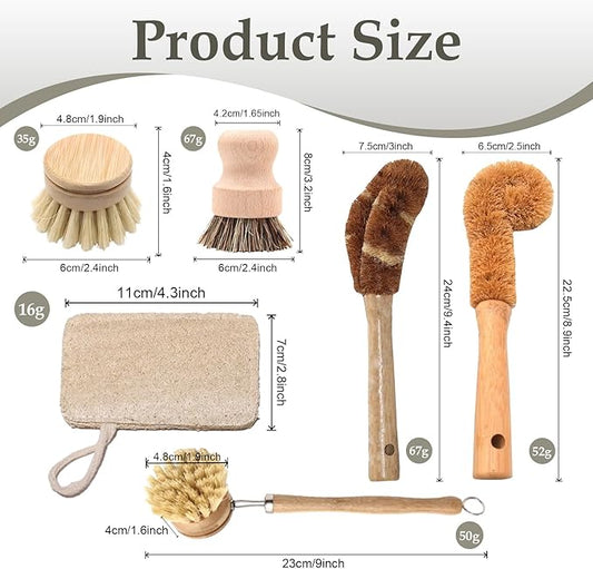 Haploon 7 Piece Wooden Dish Brush Natural, Bamboo Brush Kitchen Set Dish - Image 2