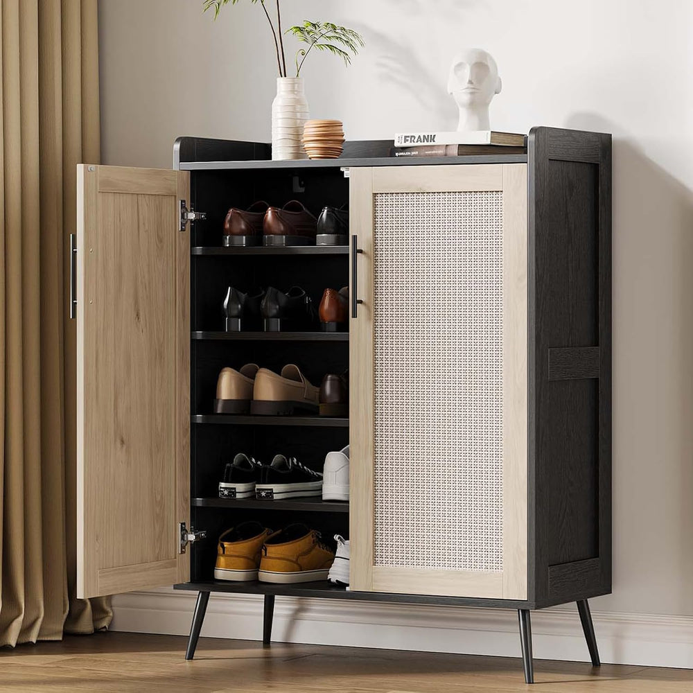 GarveeHome Rattan Shoe Cabinet, 5-Tier Shoe Storage Cabinet with Doors, 2 Adj...