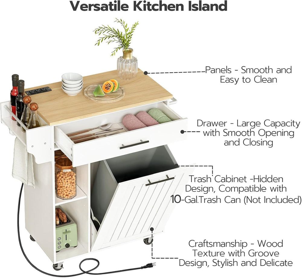 HOOBRO Kitchen Island with Trash Can Storage, Rolling Kitchen Island on Wheel...