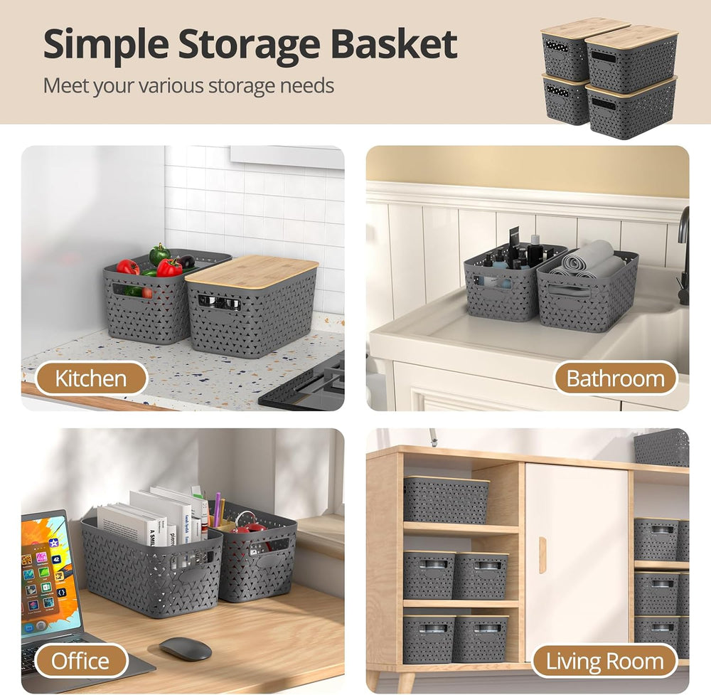Plastic Storage Bins with Bamboo Lids, Stackable Small Box Baskets for Organi...