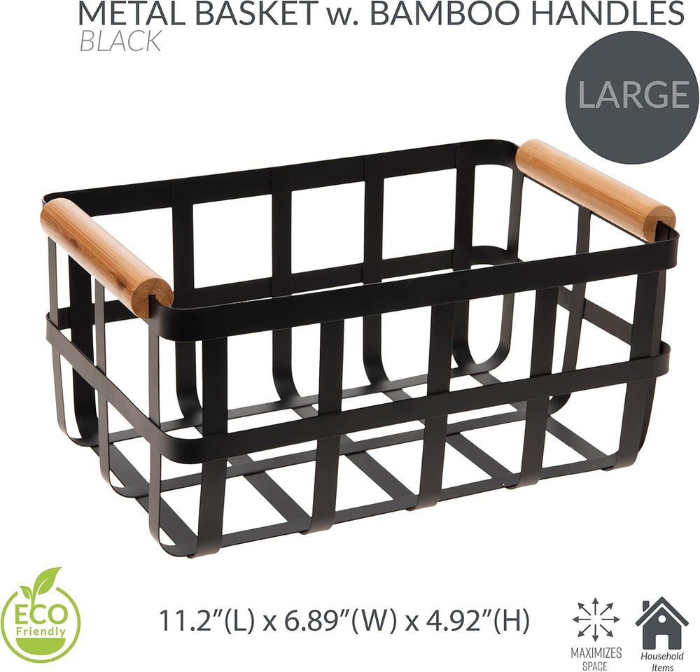 Simplify 2 Pack Rectangular Metal Storage Basket with Bamboo Handles | Large ...