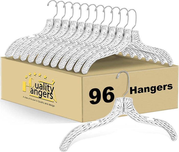 Quality Clear Plastic Hangers 96 Pack - Crystal Cut for Shirts, Suits, Coats, Dresses Hangers, Heavy Duty & Nonslip Design with Swivel Hook, 17 inches