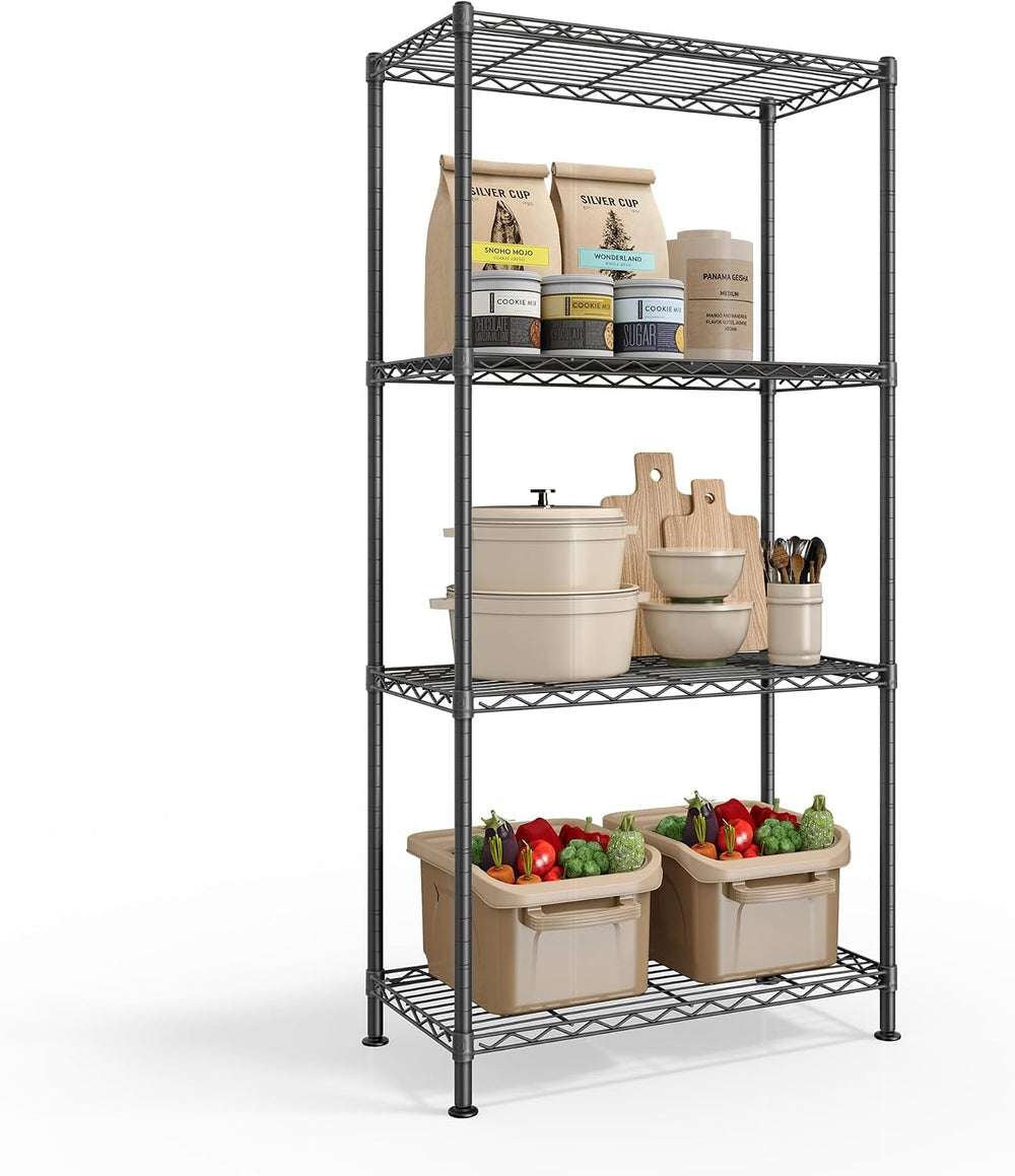SONGMICS 4-Tier Storage Shelves, Adjustable Wire Shelving Unit, 8 Hooks
