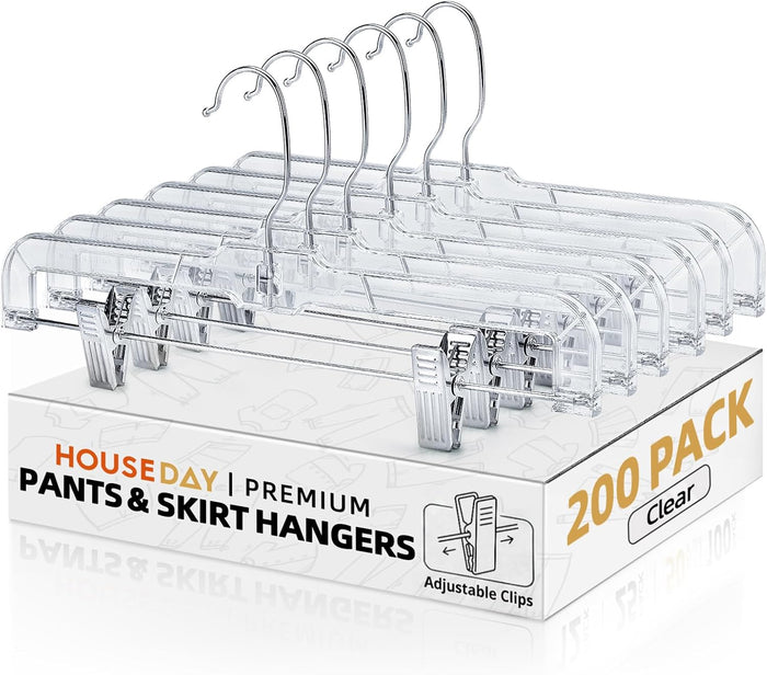 HOUSE DAY 200 Pack Plastic Skirt Hangers, 14'' Non Slip Clip Hangers