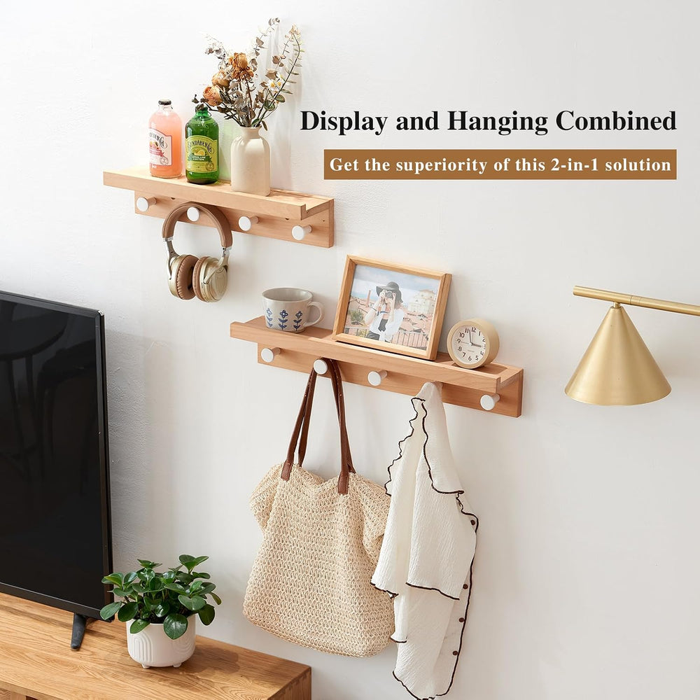 Wall Hooks with Shelf 24 inch, Beech Wood Entryway Wall with 5 Hooks, Floatin...