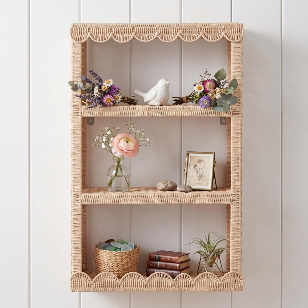 Pinkunn Scalloped Rattan Wall Hanging Storage Shelf Boho Wall Decor and Woven...
