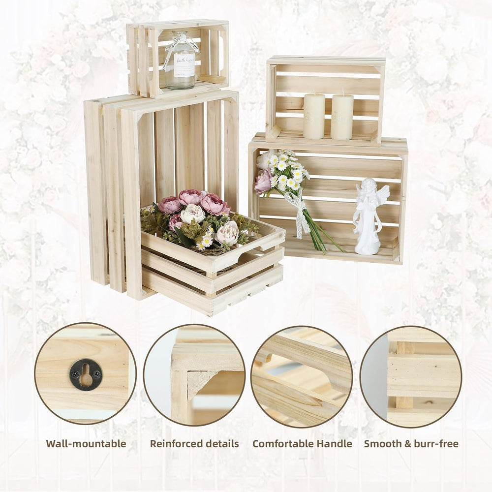 5-Piece Rustic Wooden Crates Unfinished Set, Wall Mountable Slatted Storage C...