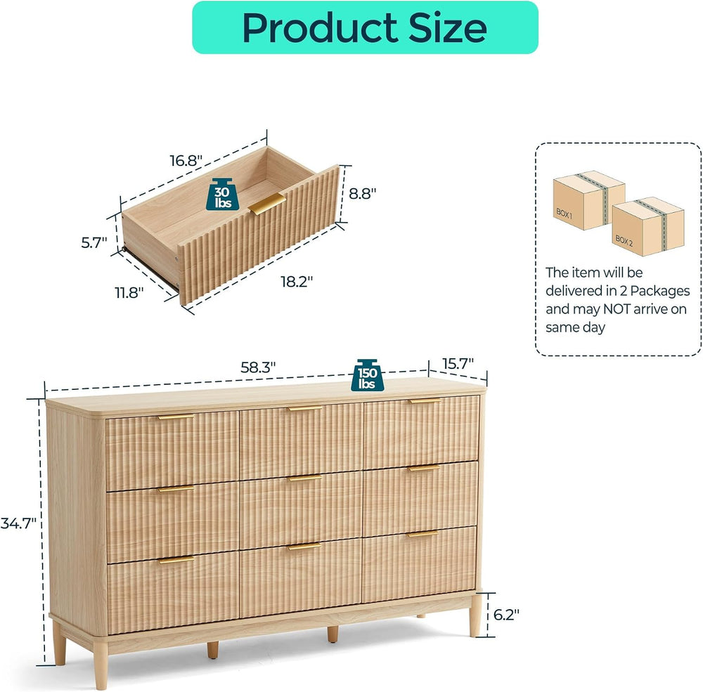 LINSY Fluted Dresser for Bedroom with 9 Drawers, Mid Century Modern Chest of ...
