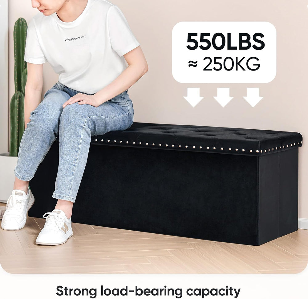 PINPLUS Folding Storage Ottoman Bench, Black Faux Leather