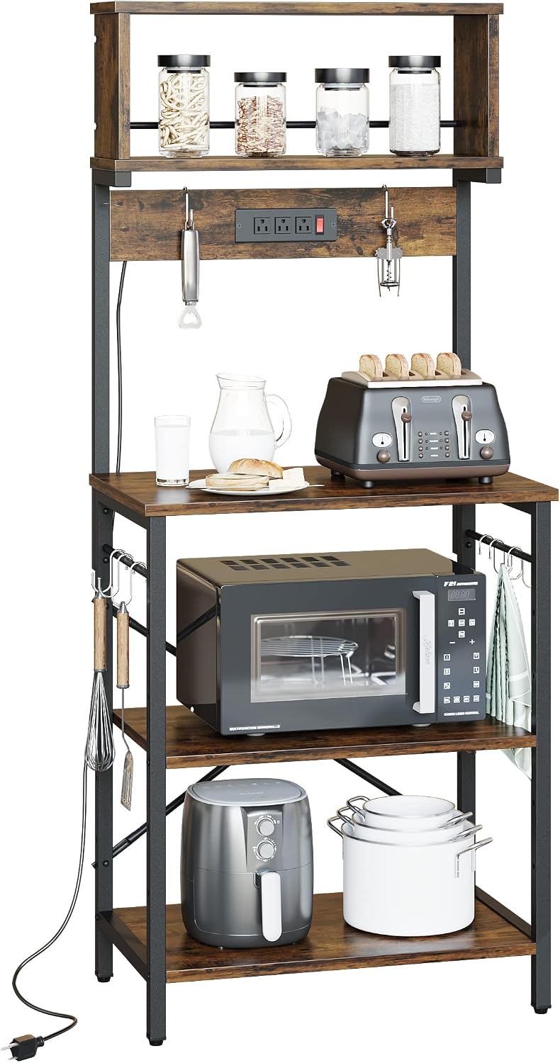 Bestier Bakers Rack with Power Outlets & Microwave Stand, Rustic Brown