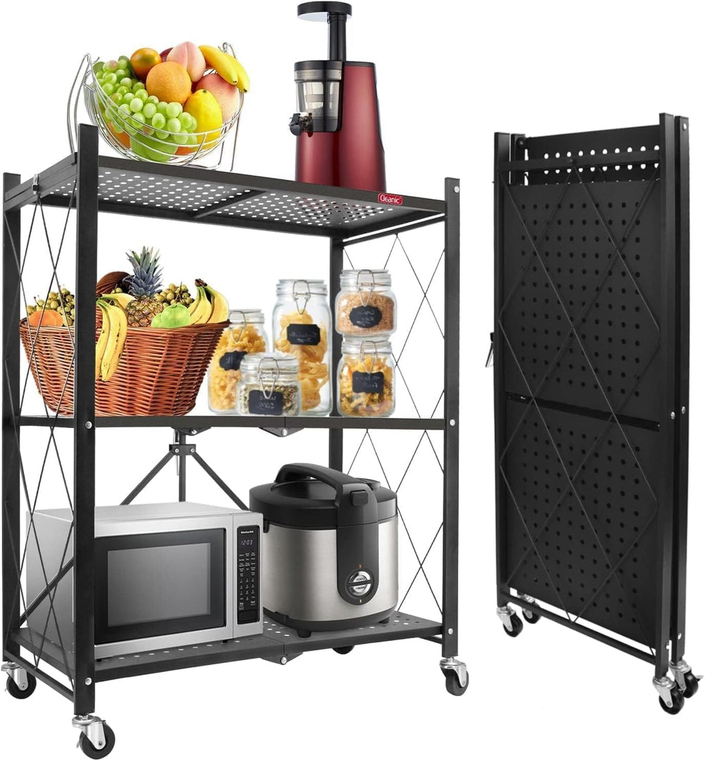 DEANIC 3 Tier Foldable Storage Shelves with Wheels, Kitchen Appliance Stand, ...