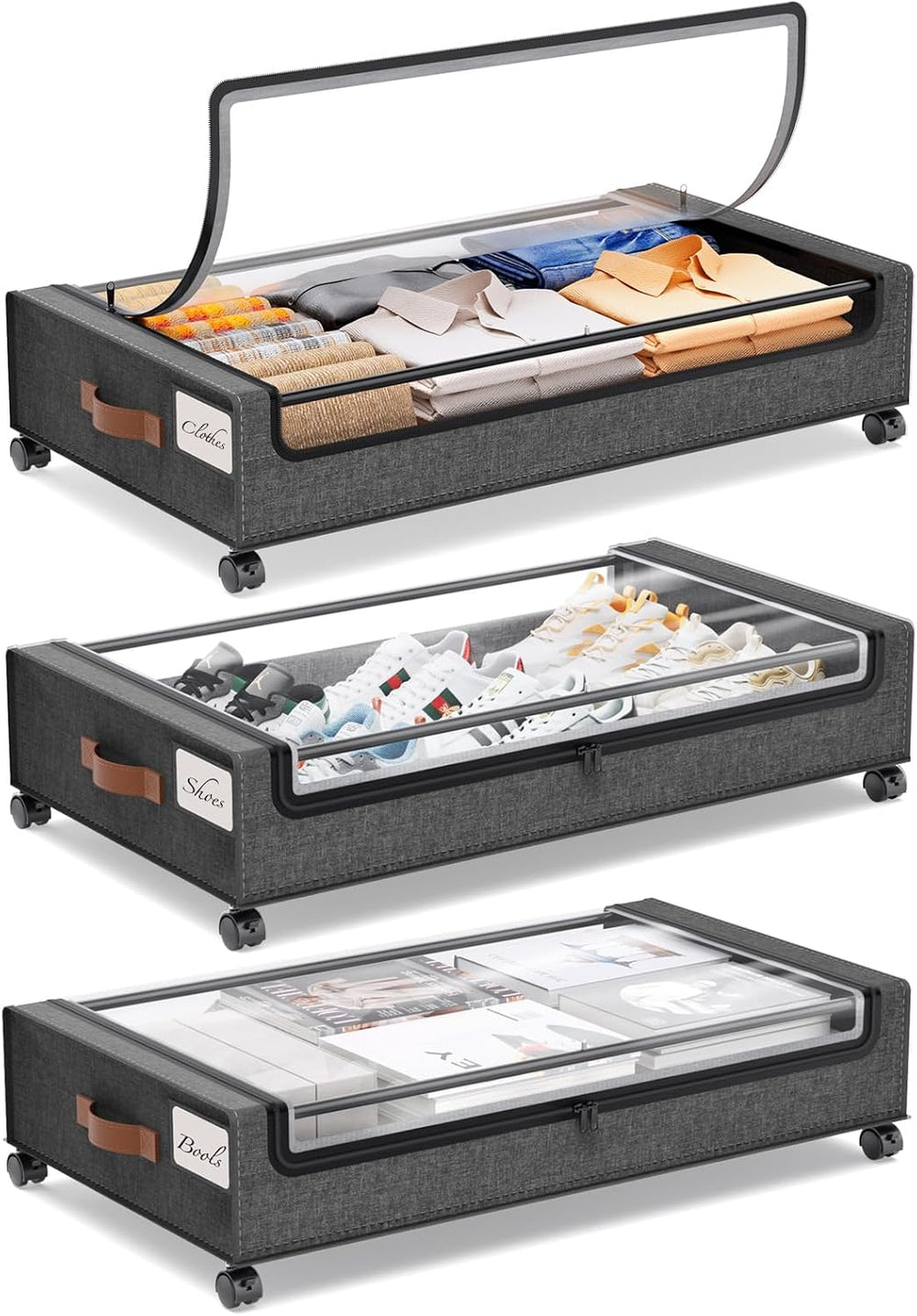 Yecaye 3 Pack Under Bed Storage with Wheels, Under Bed Storage Containers, Un...