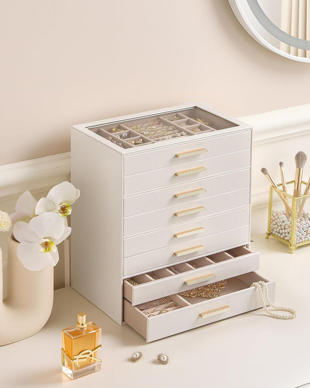 Lolalet Jewelry Box Organizer, 8-Layer Jewelry Storage Case -Beige