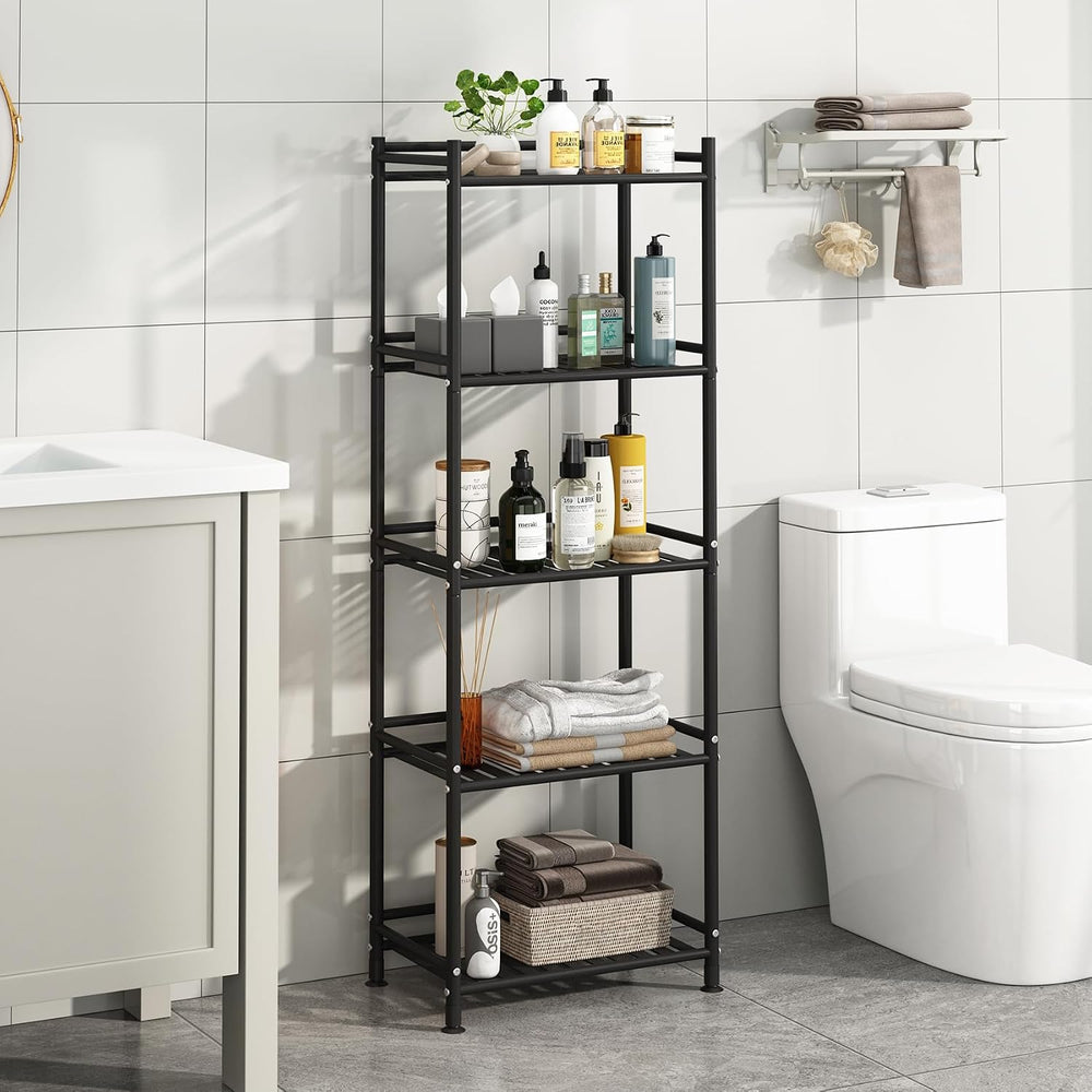 5 Tier Bathroom Storage Open Shelf Unit, Free-Standing Metal Corner Rack Shel...
