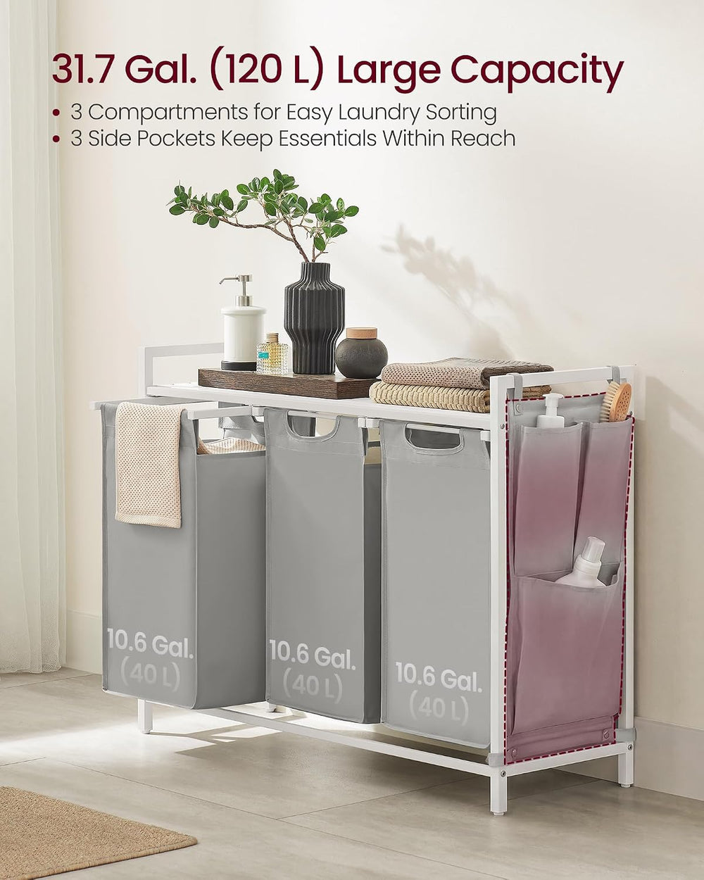 VASAGLE Laundry Hamper with Shelf, 3 Pull-Out Bags, 3 x 10.6 Gallons (40 L)
