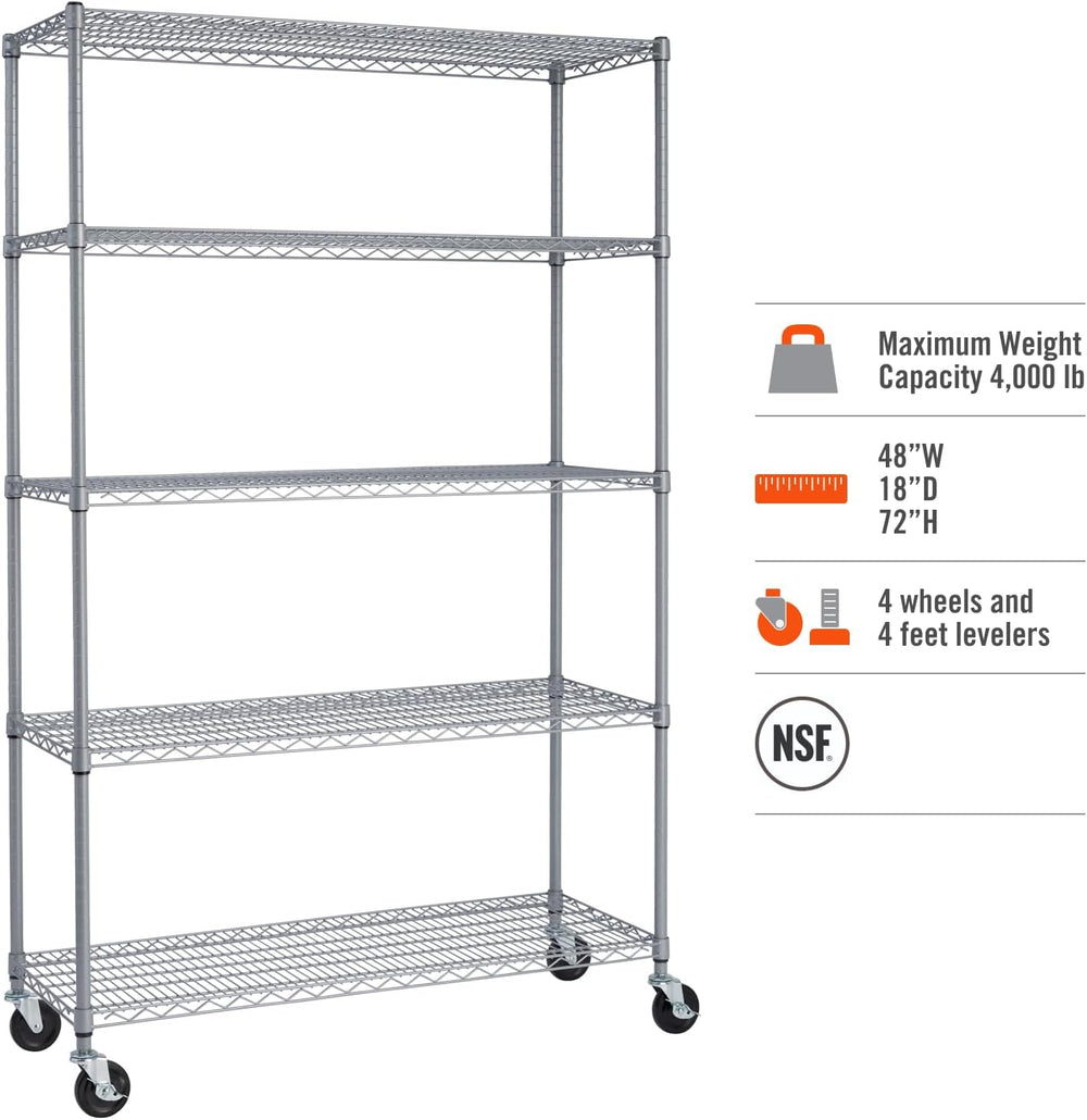 TRINITY EcoStorage Heavy Duty 5-Tier Adjustable Wire Shelving with Wheels for...