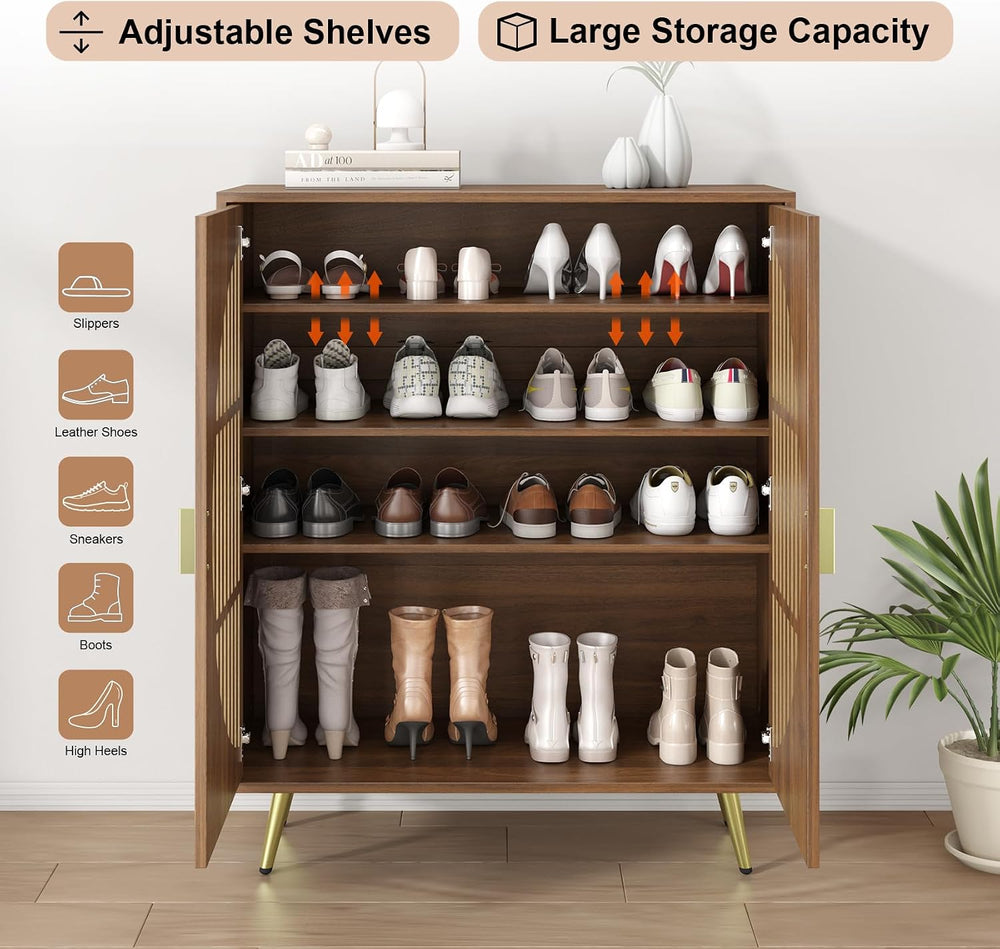 5-Tier Walnut Shoe Storage Cabinet with 2 Slatted Doors, Shoe Cupboard with A...