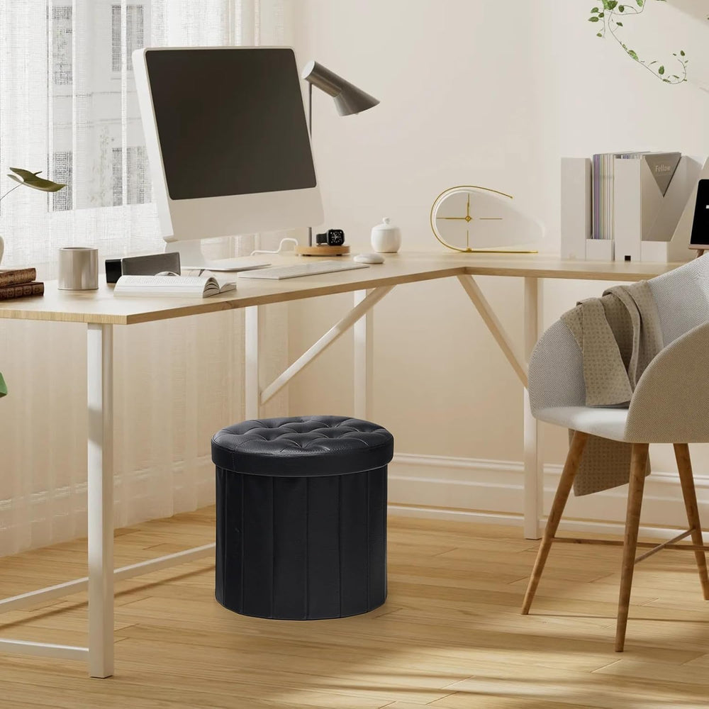 Bsketa Round Storage Ottoman, 14" Folding Leather Foot Rest, Black 2 Pack