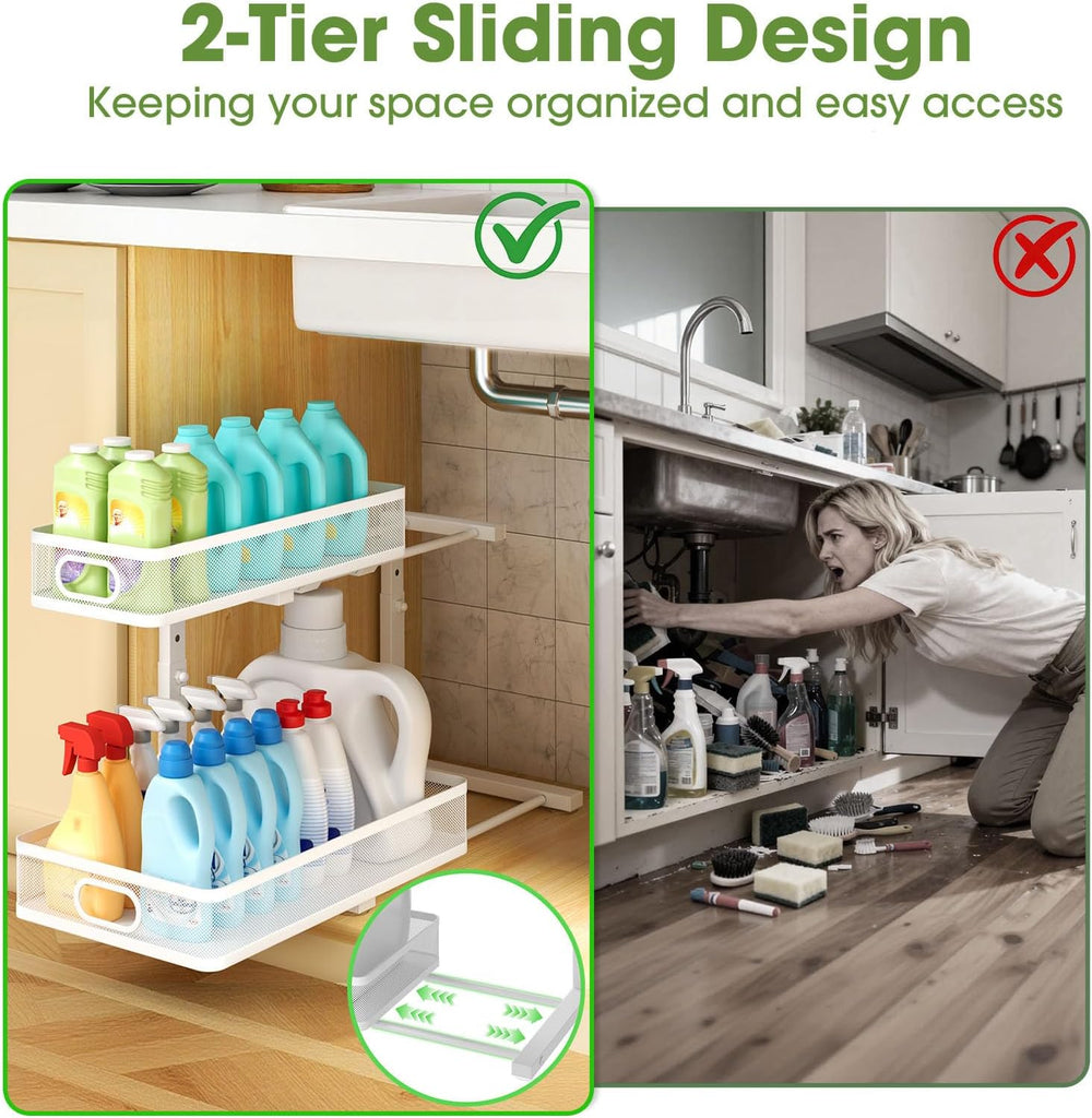 Under Sink Organizer 2-Pack, Metal 2-Tier Pull-Out Cabinet Shelf with Slide-O...