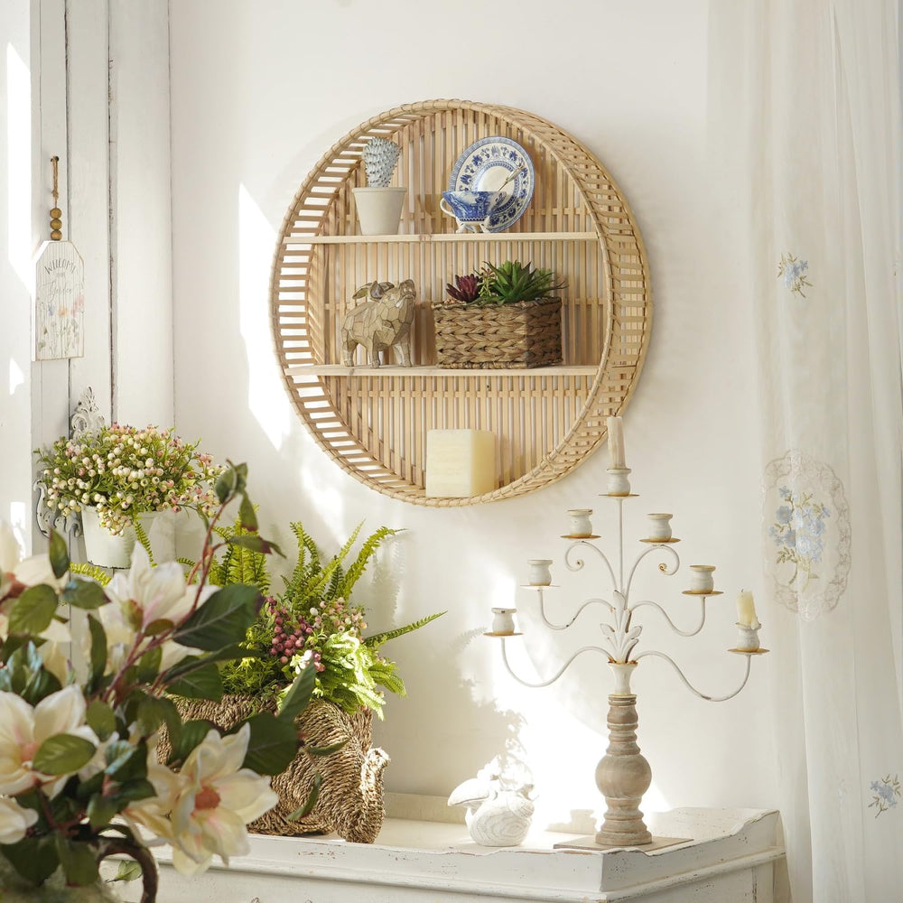 Rattan Wall Shelf 3 Tier Boho Wall Mounted Shelf Farmhouse Handcraft Round Fl...