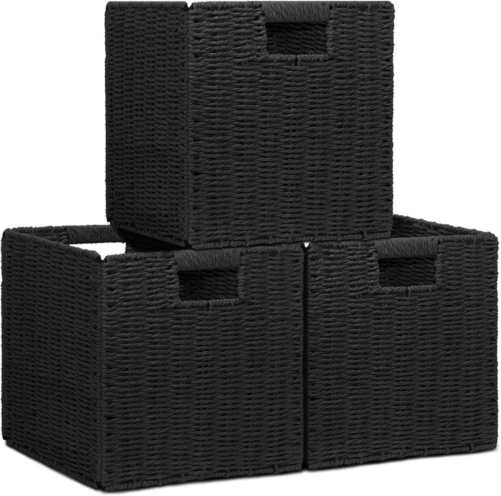 Wicker Storage Baskets for Organizing, 3 Pack Rustic Foldable Square Basket f...