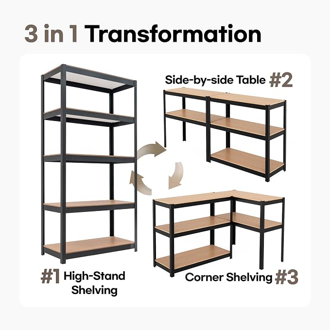 HOMEDANT House Black 5-Tier Laminated Metal Shelving Unit Adjustable Storage