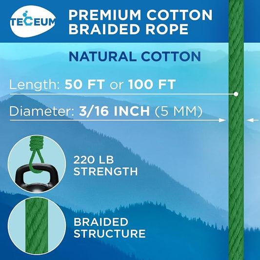 TECEUM Cotton Rope 3/16” – 100 FT – Strong All-Purpose Braided Rope – Natural - Image 2