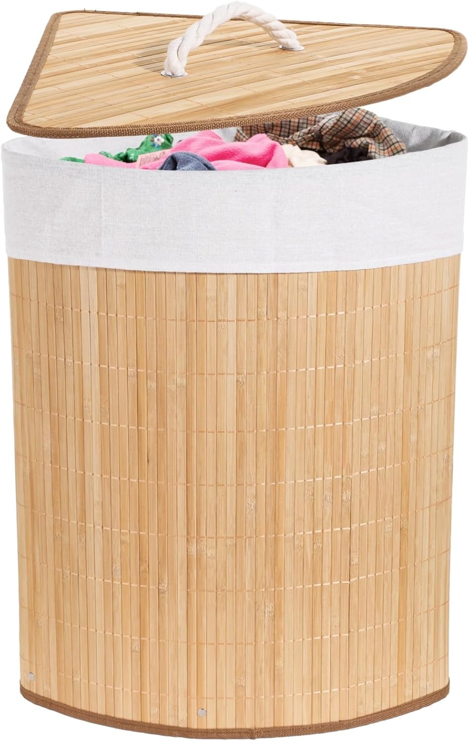 Corner Laundry Hamper with Lid, Foldable Triangle Clothes Hamper, Natural Woo...