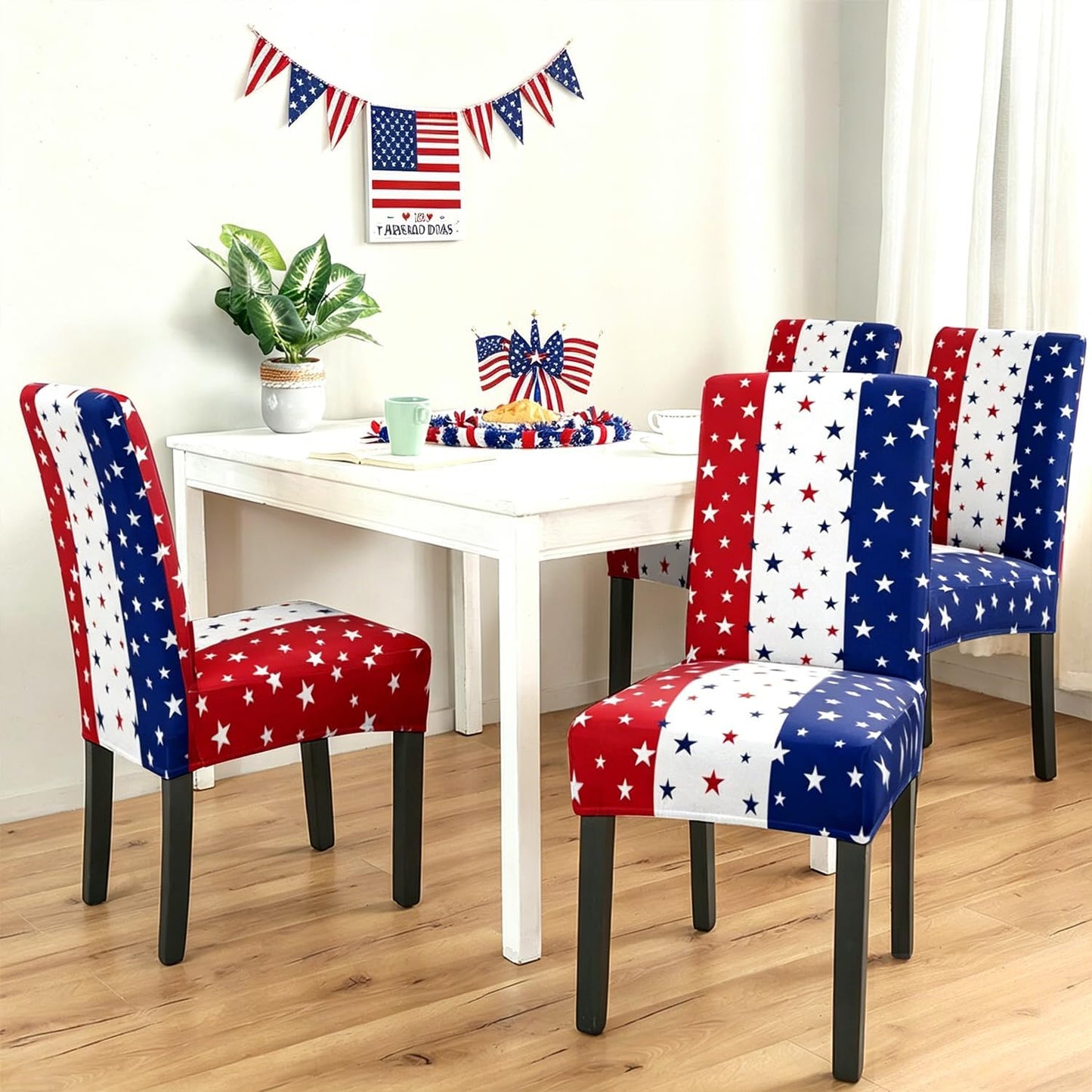 4th of July Chair Covers Set of 4, Patriotic Memorial Day Chairs Slipcover for Dining Room, Removable Washable Breathable Cover in the Kitchen Restaurant Holiday Decor