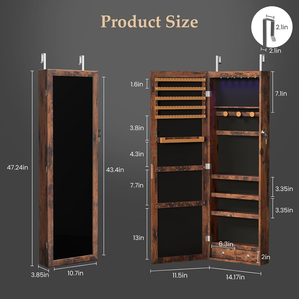 DUMOS 6 LEDs Mirror Jewelry Organizer Cabinet, Jewelry Armoire, 47.2 Inch