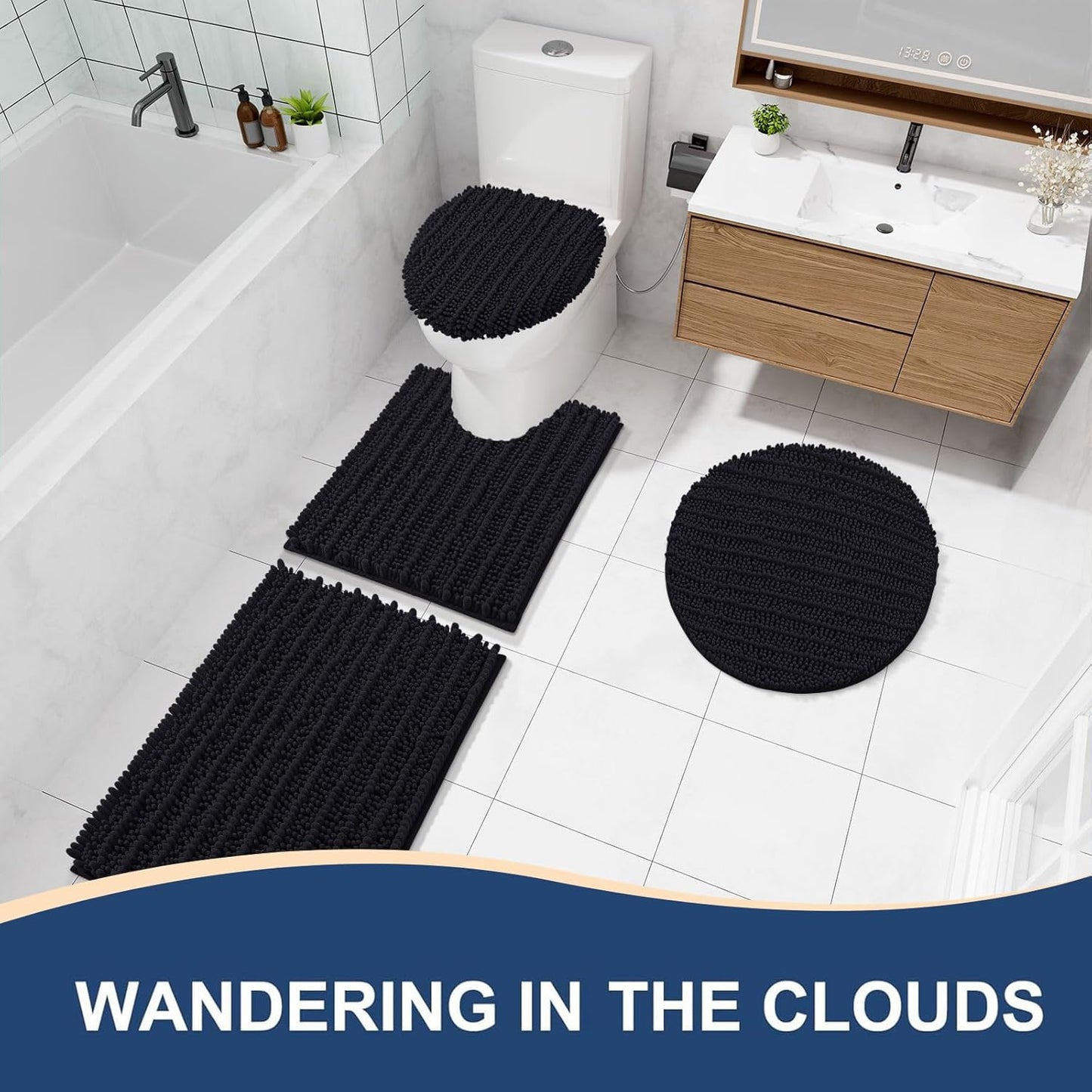 Arotive Luxury Bathroom Rugs 24x16, Extra Soft Thick Absorbent Shaggy Chenille Bath Rugs, Non-Slip Machine Wash Dry, Bath Mats for Bathroom Floor, Tub and Shower, Home Decor Accessories, Black