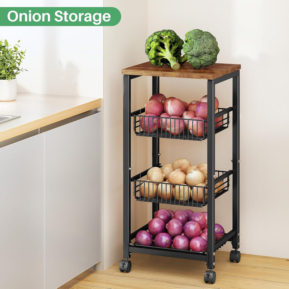 SNTD Fruit Basket Stand for Kitchen with Pull Out Vegetable Baskets, Black