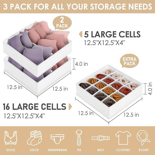 3 Pack Bra Underwear Drawer Organizer Dividers, 26 Cell Fabric Foldable Dresser - Image 2