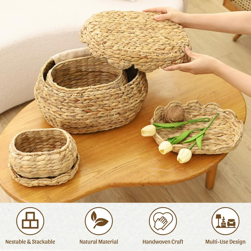 Scalloped Basket Set of 3 with Lids, Bread Basket, Natural