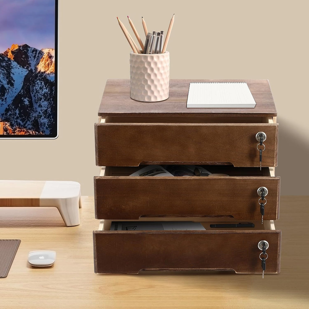 3 Drawers Wood Storage Box Wooden Storage Cabinet Organizer, Tabletop Storage...