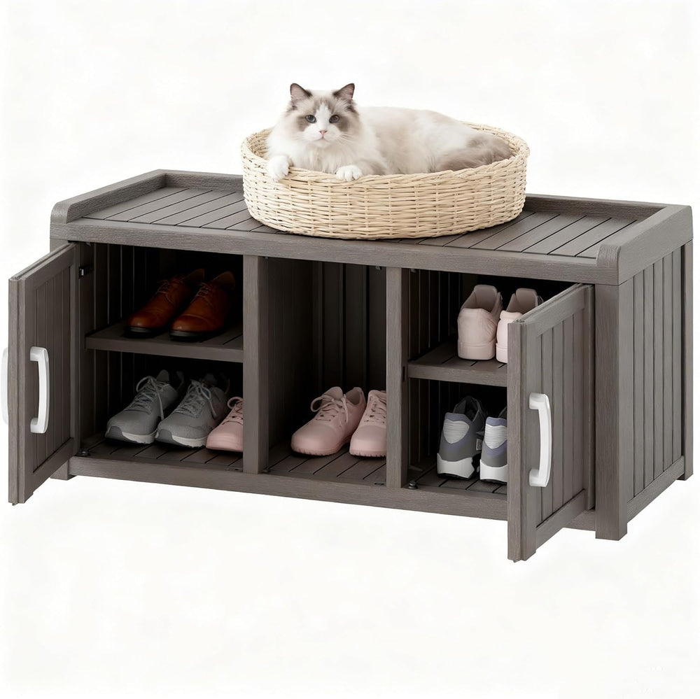 Outdoor Shoe Storage Cabinet, Waterproof UV-Resistant Resin Storage Bench Ind...