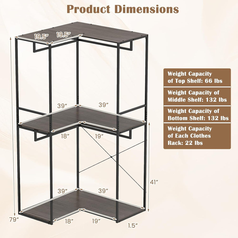 GIANTEX Heavy Duty Clothes Rack, 3-Tier L-Shaped Garment Rack w/3 Open Shelve...