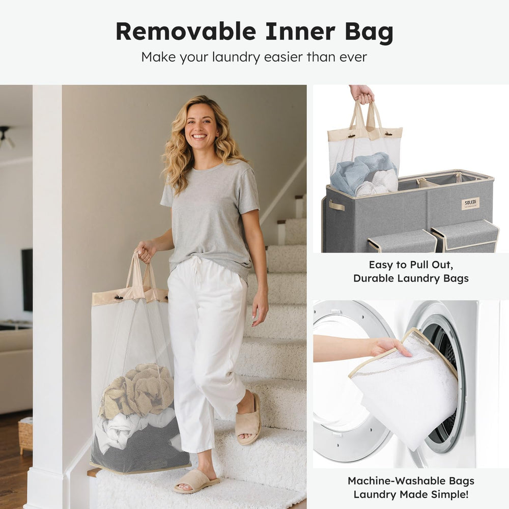 SOLEDI 220L Laundry Hamper 3 Section with Lid and 2 Side Pockets
