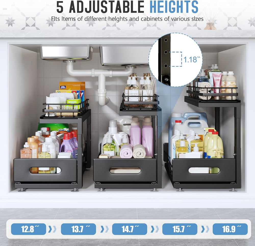 Under Sink Organizer Upgrade To Professional Rails,2-Tier Dual Pull Out Cabin...
