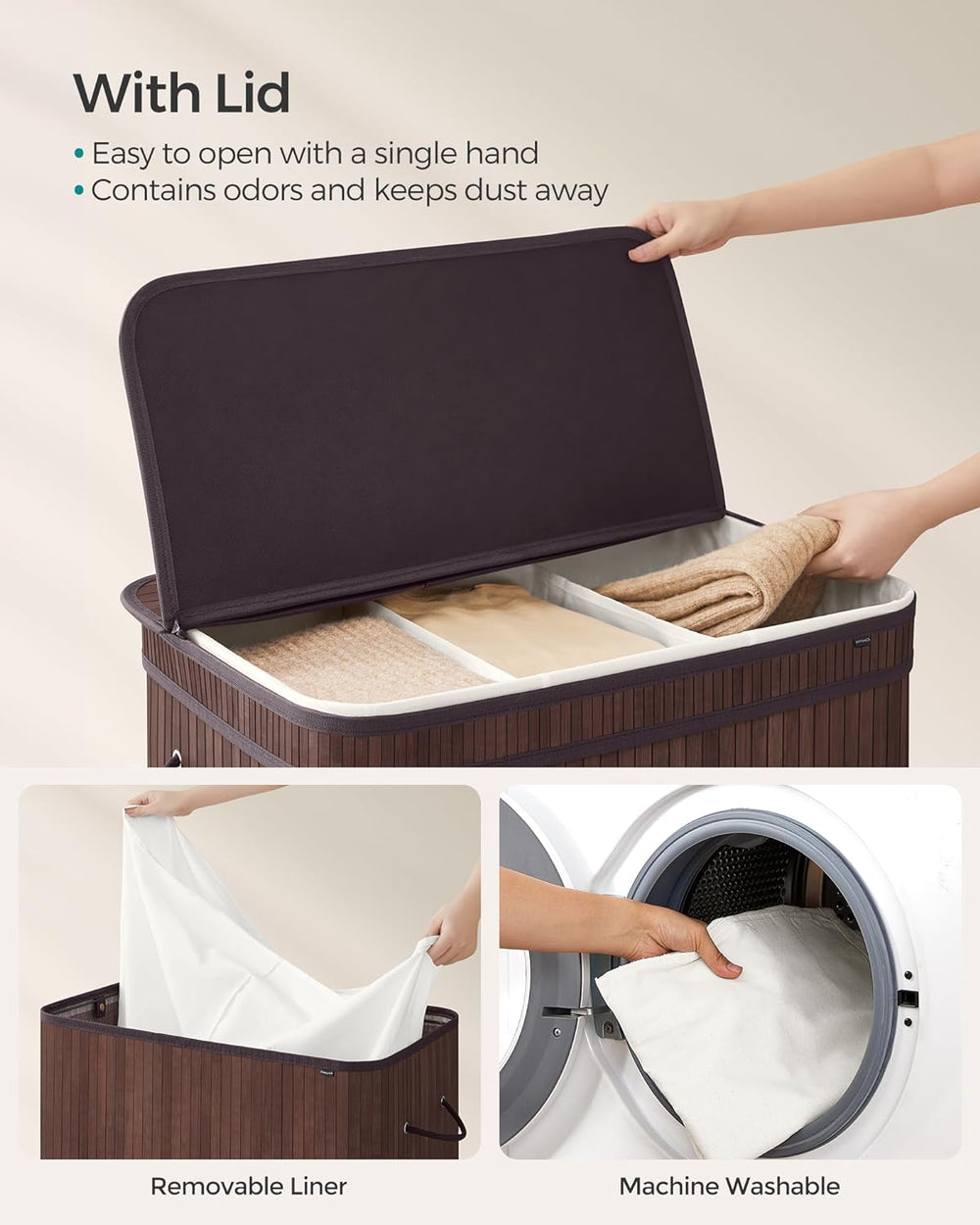 SONGMICS Bamboo Laundry Hamper with Lid, 39.6-Gallons, with Handles