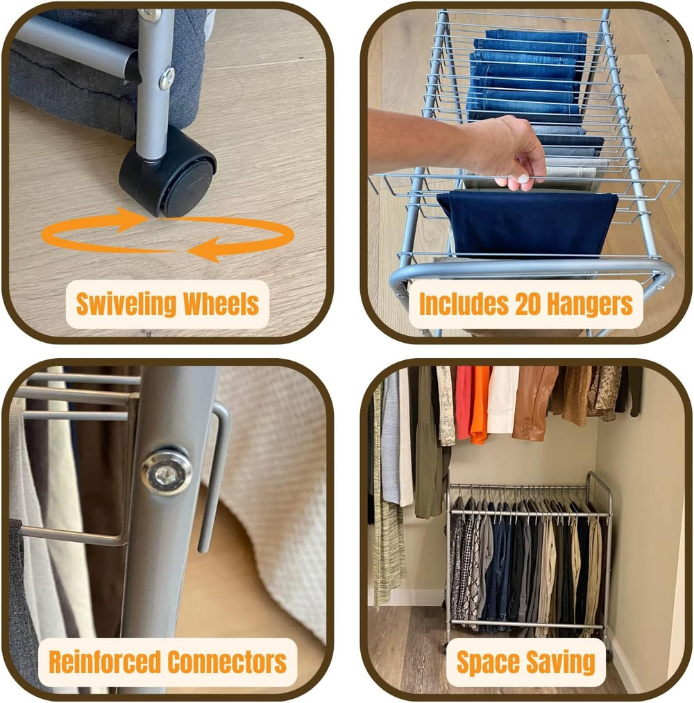 Evelots Rolling Pants Rack with 20 Hangers, Jean and Skirt Closet Organizer