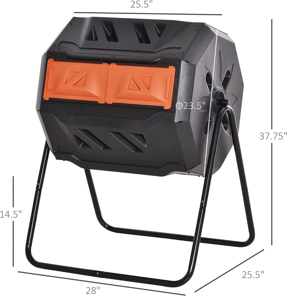 Outsunny Tumbling Compost Bin 360° Dual Chamber 43 Gallon, Orange