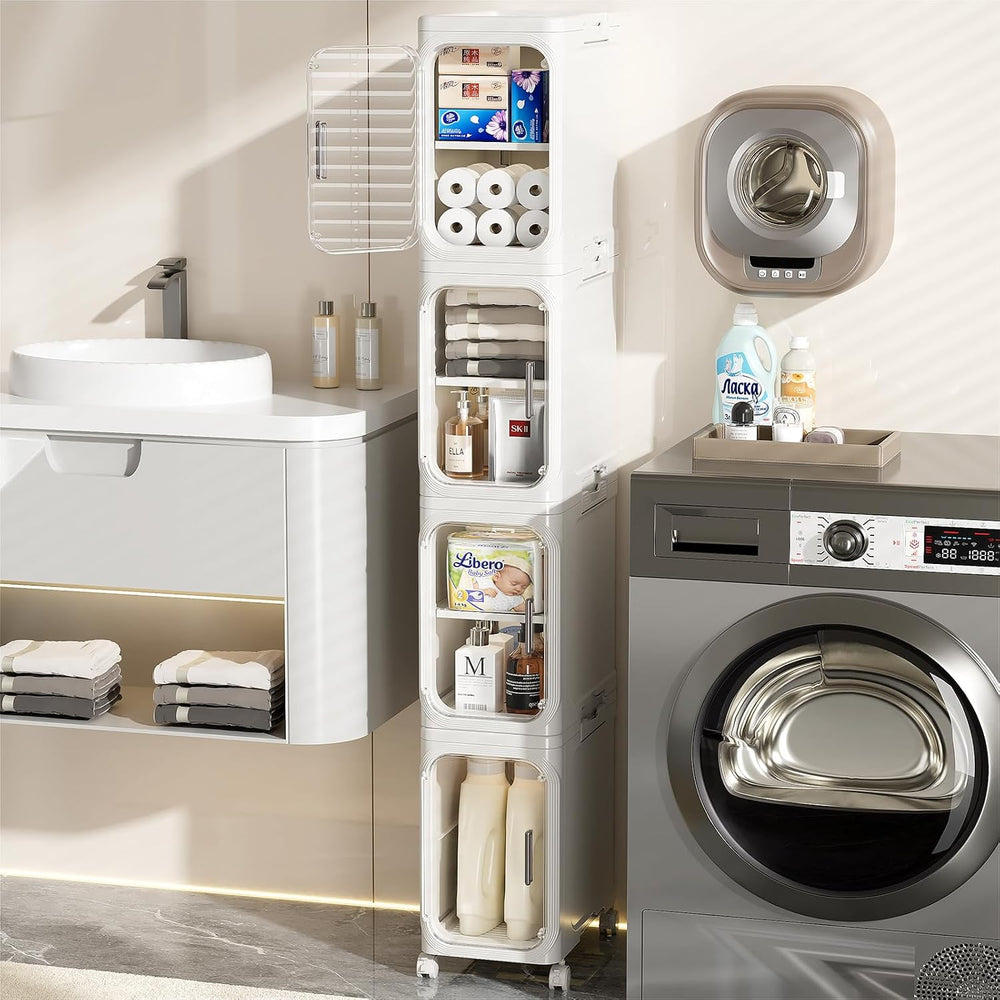 JOYZAN Narrow Bathroom Storage Cabinet with Movable Wheels, Slim Storage Cabi...