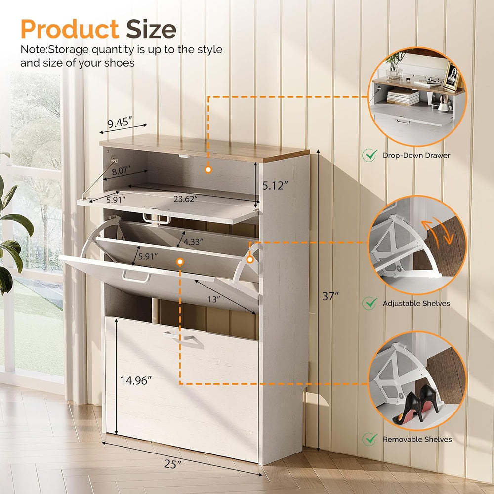 VINGLI Shoe Cabinet Storage for Entryway,Rustic White Narrow Shoe Rack,25"W
