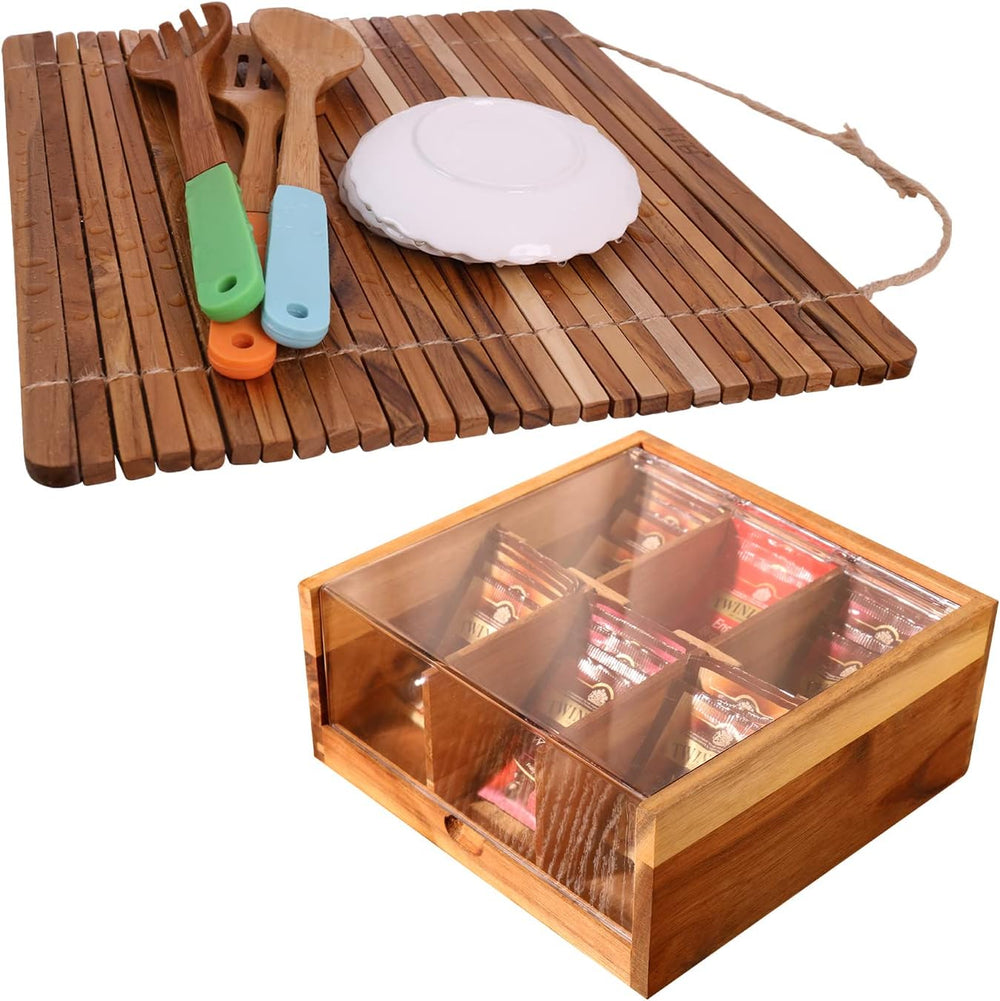 HTB Wood Over Sink Dish Drying Rack & 6 Compartments Tea Bag Organizer
