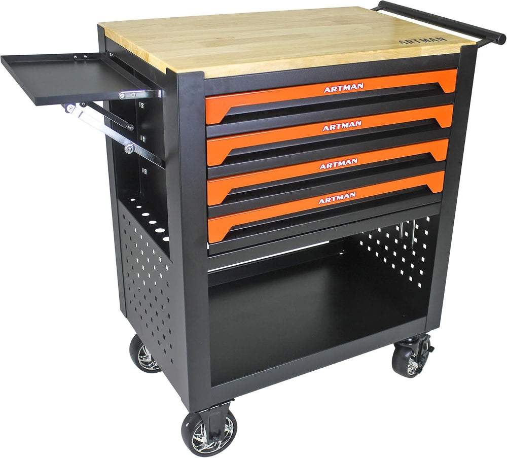 Lockable 4-Drawer Rolling Tool Chest with Wooden Top Workbench