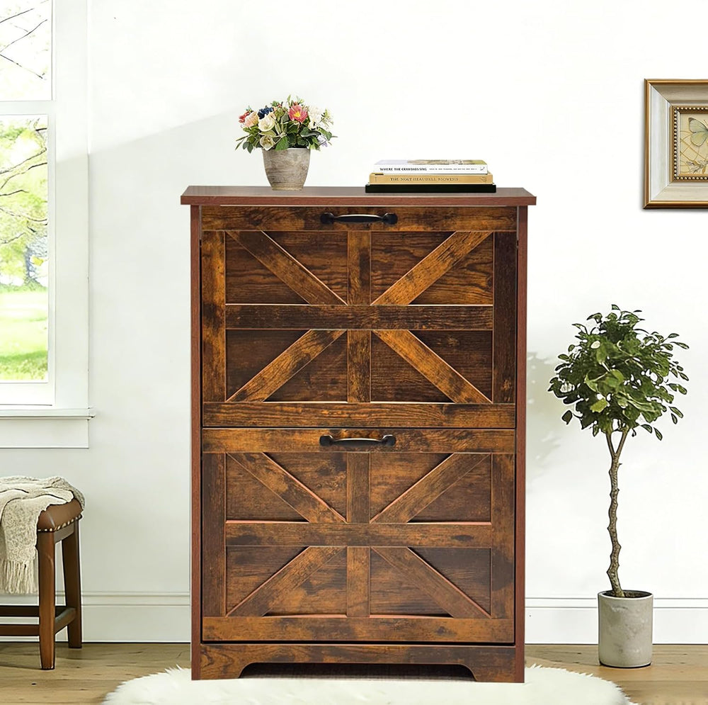 Shoe Storage Cabinet with 2 Flip Drawers, Farmhouse Shoe Organizer with Barn ...