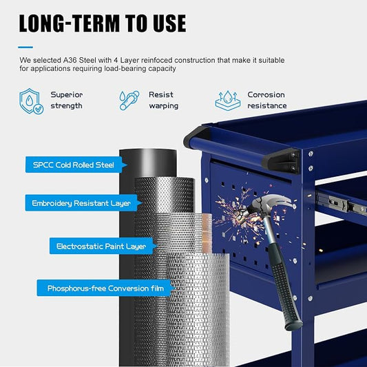 3 Tier Heavy Duty Tool Cart, Mechanic Metal Rolling Tool Carts Work Cart - Image 2