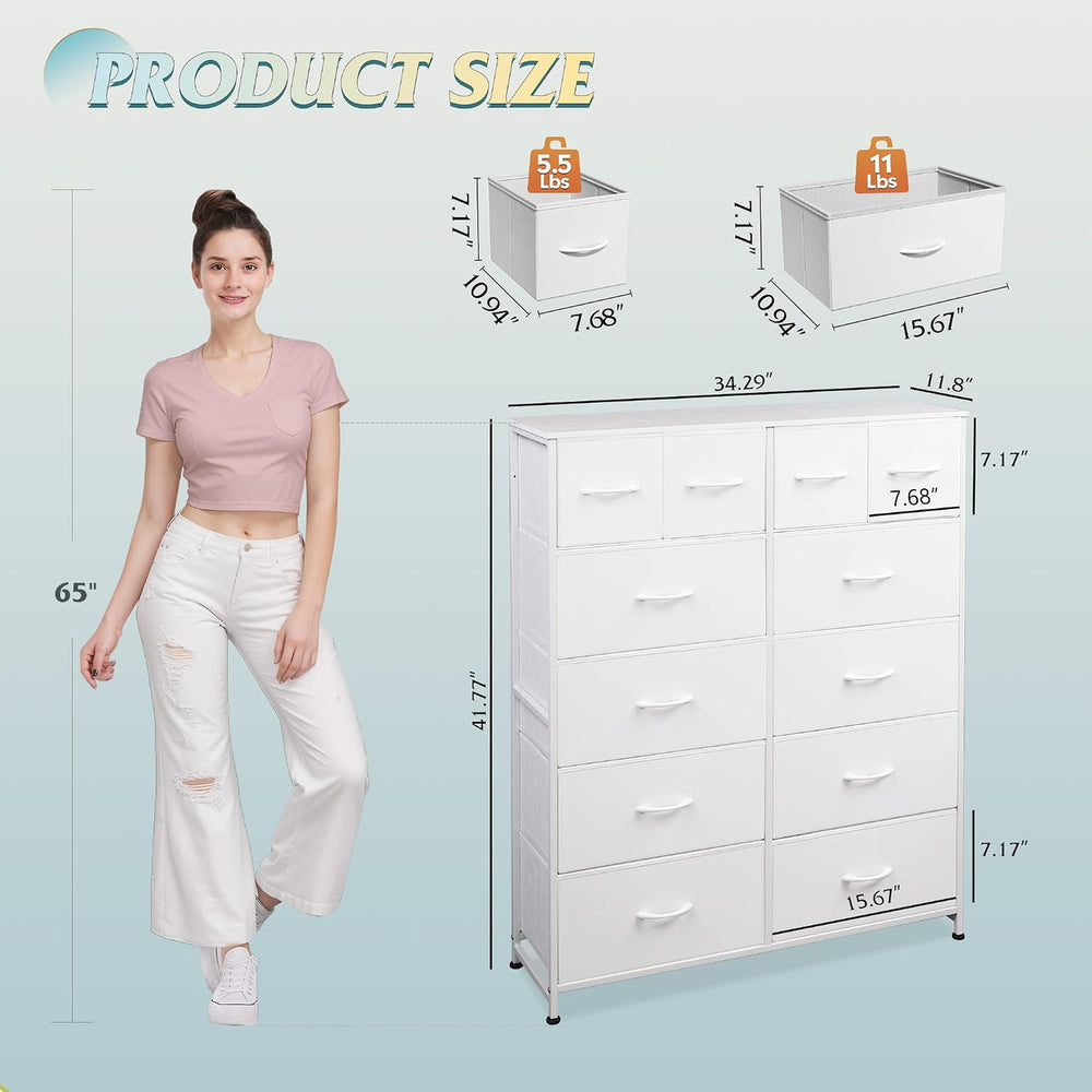WLIVE 12 Drawer Tall White Fabric Dresser Bedroom Storage Chest